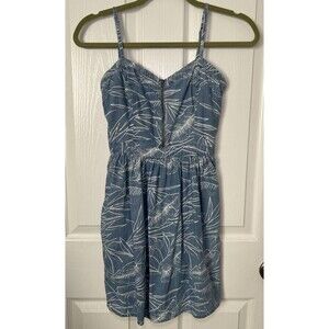 Vans Skater Sundress XS Denim Blue Chambray Tropical Leaf Print Zip Front